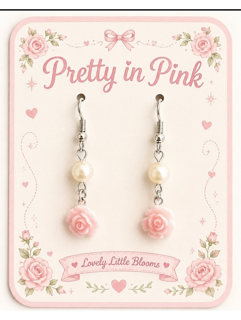 Pretty in Pink Dainty Roses & Pearls Silver Coquette Charming Earrings